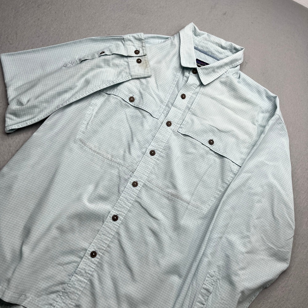 Patagonia Mens Large Light Blue Micro Check Long Sleeve Button Down Shirt L